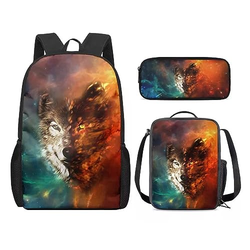 Amzbeauty Rucksack und Lunchtasche mit französischer Bulldogge, Set für Jungen und Mädchen, Kinder, Grundschule, Mittelschule, 3-in-1-Rucksack-Set, Galaxy Wolf von Amzbeauty