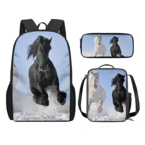 Amzbeauty Rucksack und Lunchtasche mit französischer Bulldogge, Set für Jungen und Mädchen, Kinder, Grundschule, Mittelschule, 3-in-1-Rucksack-Set, Schwarzes Pferd von Amzbeauty