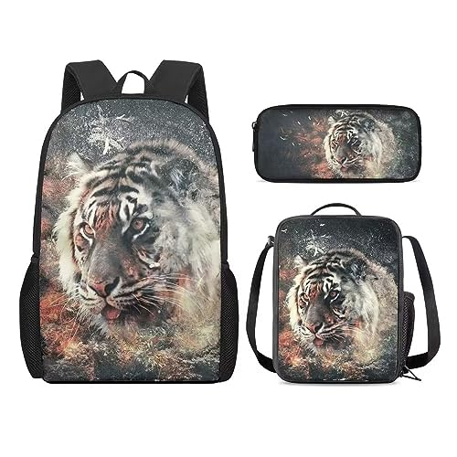 Amzbeauty Rucksack und Lunchtasche mit französischer Bulldogge, Set für Jungen und Mädchen, Kinder, Grundschule, Mittelschule, 3-in-1-Rucksack-Set, tiger von Amzbeauty