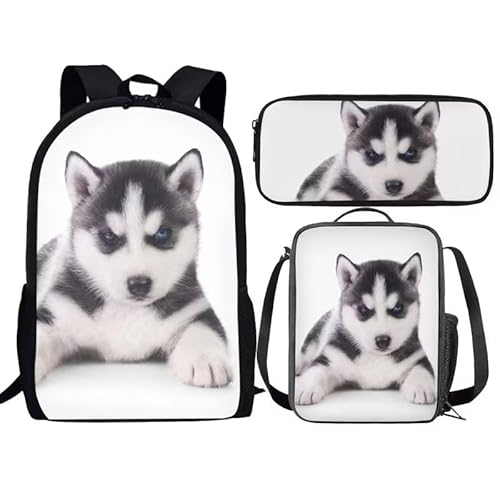 Amzbeauty Rugby Rucksack für Jungen mit Lunchbox Mädchen Burning American Football Rucksack Set mit Lunchtasche und Bleistift Geldbörse, Baby Husky Hund von Amzbeauty