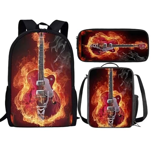 Amzbeauty Rugby Rucksack für Jungen mit Lunchbox Mädchen Burning American Football Rucksack Set mit Lunchtasche und Bleistift Geldbörse, Brennende Gitarre von Amzbeauty