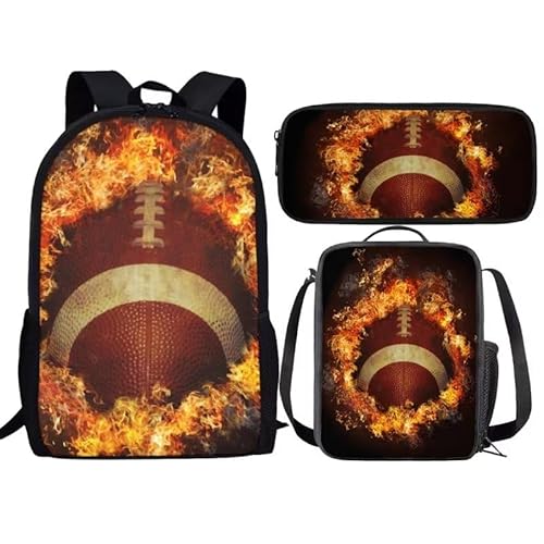 Amzbeauty Rugby Rucksack für Jungen mit Lunchbox Mädchen Burning American Football Rucksack Set mit Lunchtasche und Bleistift Geldbörse, Burning American Football von Amzbeauty