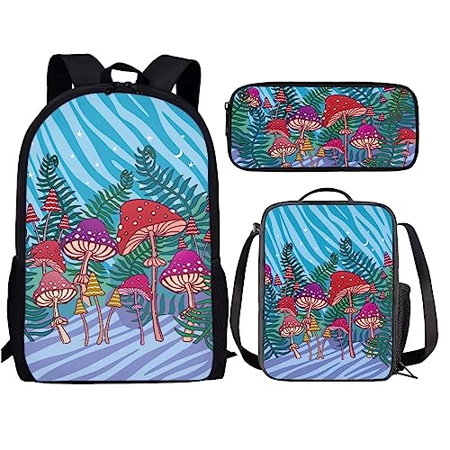 Amzbeauty Rugby Rucksack für Jungen mit Lunchbox Mädchen Burning American Football Rucksack Set mit Lunchtasche und Bleistift Geldbörse, Cartoom Pilze von Amzbeauty