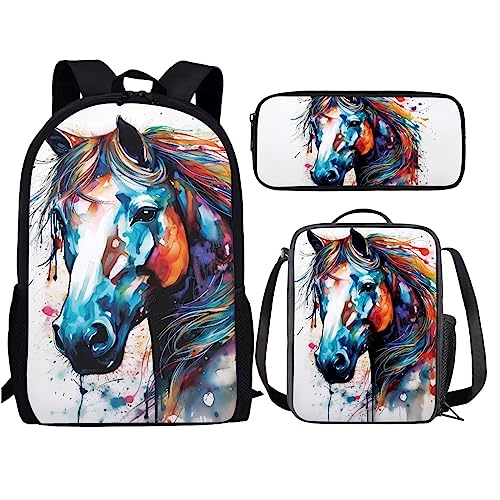 Amzbeauty Rugby Rucksack für Jungen mit Lunchbox Mädchen Burning American Football Rucksack Set mit Lunchtasche und Bleistift Geldbörse, Ein Pferd von Amzbeauty