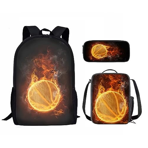 Amzbeauty Rugby Rucksack für Jungen mit Lunchbox Mädchen Burning American Football Rucksack Set mit Lunchtasche und Bleistift Geldbörse, Feuerball von Amzbeauty