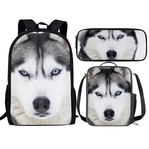 Amzbeauty Rugby Rucksack für Jungen mit Lunchbox Mädchen Burning American Football Rucksack Set mit Lunchtasche und Bleistift Geldbörse, Husky-Hund von Amzbeauty