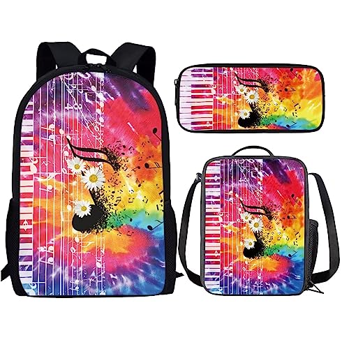 Amzbeauty Rugby Rucksack für Jungen mit Lunchbox Mädchen Burning American Football Rucksack Set mit Lunchtasche und Bleistift Geldbörse, Musiknoten-Aufdruck von Amzbeauty