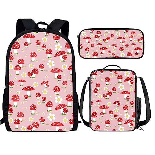 Amzbeauty Rugby Rucksack für Jungen mit Lunchbox Mädchen Burning American Football Rucksack Set mit Lunchtasche und Bleistift Geldbörse, Pilze von Amzbeauty