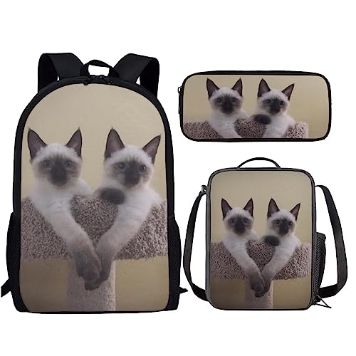 Amzbeauty Rugby Rucksack für Jungen mit Lunchbox Mädchen Burning American Football Rucksack Set mit Lunchtasche und Bleistift Geldbörse, Siamkatze von Amzbeauty