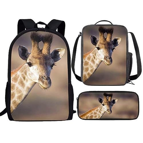 Amzbeauty Rugby Rucksack für Jungen mit Lunchbox Mädchen Burning American Football Rucksack Set mit Lunchtasche und Bleistift Geldbörse, giraffe von Amzbeauty