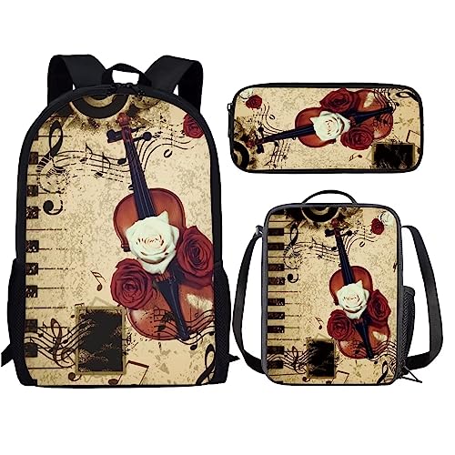 Amzbeauty Rugby Rucksack für Jungen mit Lunchbox Mädchen Burning American Football Rucksack Set mit Lunchtasche und Bleistift Geldbörse, gitarre von Amzbeauty