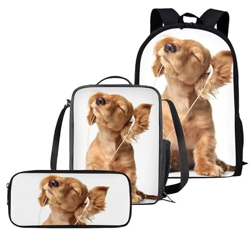 Amzbeauty Rugby Rucksack für Jungen mit Lunchbox Mädchen Burning American Football Rucksack Set mit Lunchtasche und Bleistift Geldbörse, hund von Amzbeauty