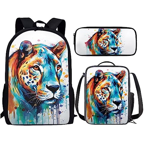 Amzbeauty Rugby Rucksack für Jungen mit Lunchbox Mädchen Burning American Football Rucksack Set mit Lunchtasche und Bleistift Geldbörse, leopard von Amzbeauty