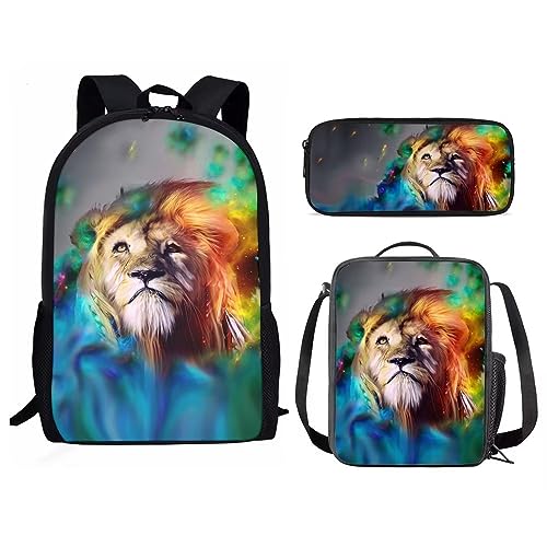 Amzbeauty Rugby Rucksack für Jungen mit Lunchbox Mädchen Burning American Football Rucksack Set mit Lunchtasche und Bleistift Geldbörse, löwe von Amzbeauty