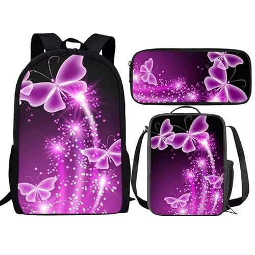 Amzbeauty Rugby Rucksack für Jungen mit Lunchbox Mädchen Burning American Football Rucksack Set mit Lunchtasche und Bleistift Geldbörse, schmetterling von Amzbeauty