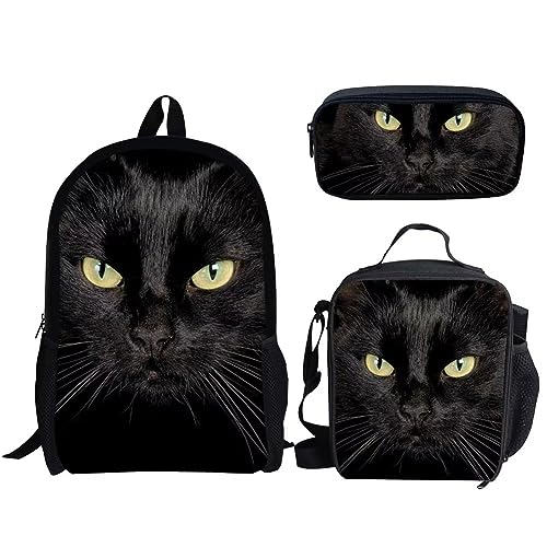 Amzbeauty Rugby Rucksack für Jungen mit Lunchbox Mädchen Burning American Football Rucksack Set mit Lunchtasche und Bleistift Geldbörse, schwarze katze von Amzbeauty