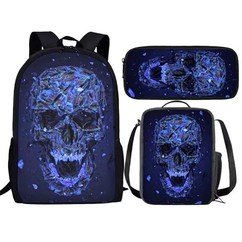 Amzbeauty Rugby Rucksack für Jungen mit Lunchbox Mädchen Burning American Football Rucksack Set mit Lunchtasche und Bleistift Geldbörse, totenkopf von Amzbeauty