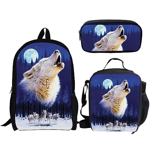 Amzbeauty Rugby Rucksack für Jungen mit Lunchbox Mädchen Burning American Football Rucksack Set mit Lunchtasche und Bleistift Geldbörse, wolf von Amzbeauty