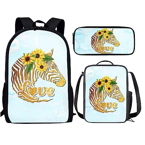 Amzbeauty Rugby Rucksack für Jungen mit Lunchbox Mädchen Burning American Football Rucksack Set mit Lunchtasche und Bleistift Geldbörse, zebra von Amzbeauty