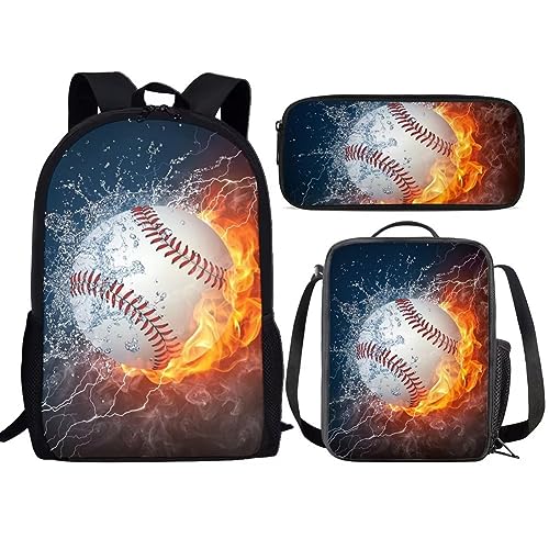 Amzbeauty Schwarzer Katzenrucksack mit Lunchbox für Kinder, Büchertasche, Schultasche, 43,2 cm, Rucksack mit Federmäppchen für Jungen und Mädchen, Brennender Softball von Amzbeauty