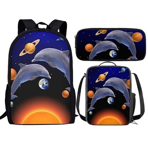 Amzbeauty Schwarzer Katzenrucksack mit Lunchbox für Kinder, Büchertasche, Schultasche, 43,2 cm, Rucksack mit Federmäppchen für Jungen und Mädchen, Delfin von Amzbeauty