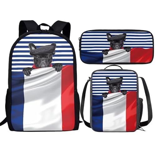 Amzbeauty Schwarzer Katzenrucksack mit Lunchbox für Kinder, Büchertasche, Schultasche, 43,2 cm, Rucksack mit Federmäppchen für Jungen und Mädchen, Französische Bulldogge von Amzbeauty