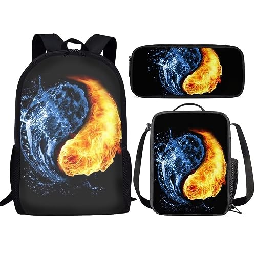 Amzbeauty Schwarzer Katzenrucksack mit Lunchbox für Kinder, Büchertasche, Schultasche, 43,2 cm, Rucksack mit Federmäppchen für Jungen und Mädchen, Ying Yang von Amzbeauty