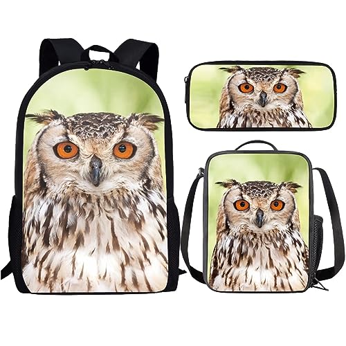 Amzbeauty Schwarzer Katzenrucksack mit Lunchbox für Kinder, Büchertasche, Schultasche, 43,2 cm, Rucksack mit Federmäppchen für Jungen und Mädchen, eule von Amzbeauty