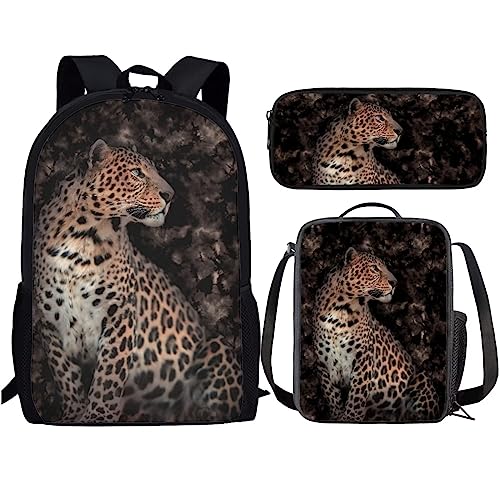 Amzbeauty Schwarzer Katzenrucksack mit Lunchbox für Kinder, Büchertasche, Schultasche, 43,2 cm, Rucksack mit Federmäppchen für Jungen und Mädchen, leopard von Amzbeauty