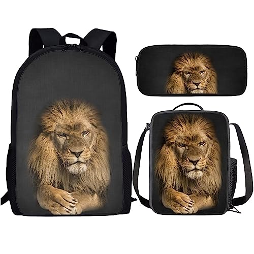 Amzbeauty Schwarzer Katzenrucksack mit Lunchbox für Kinder, Büchertasche, Schultasche, 43,2 cm, Rucksack mit Federmäppchen für Jungen und Mädchen, löwe von Amzbeauty