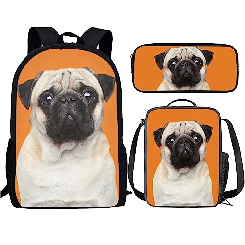 Amzbeauty Schwarzer Katzenrucksack mit Lunchbox für Kinder, Büchertasche, Schultasche, 43,2 cm, Rucksack mit Federmäppchen für Jungen und Mädchen, mops von Amzbeauty