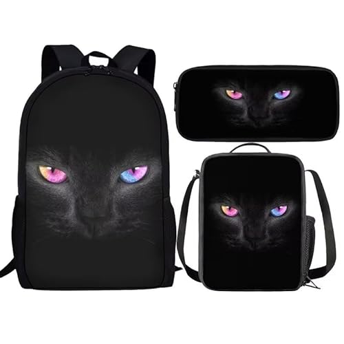 Amzbeauty Schwarzer Katzenrucksack mit Lunchbox für Kinder, Büchertasche, Schultasche, 43,2 cm, Rucksack mit Federmäppchen für Jungen und Mädchen, schwarze katze von Amzbeauty