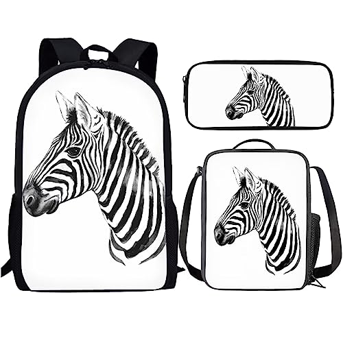 Amzbeauty Schwarzer Katzenrucksack mit Lunchbox für Kinder, Büchertasche, Schultasche, 43,2 cm, Rucksack mit Federmäppchen für Jungen und Mädchen, zebra von Amzbeauty