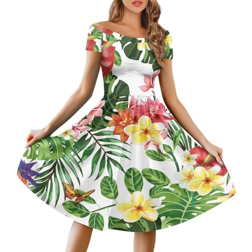Amzbeauty Sexy Off The Shoulder Kleid für Frauen Plus Size Vintage Schwarz Bodycon Kleid Blumendruck Elegante Kleider, Hibiskus-Grafik, XXXXL von Amzbeauty