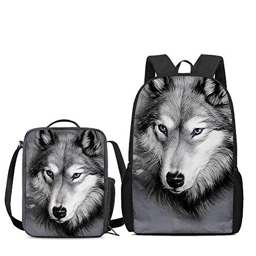 Cooles Tierpferd-Rucksack-Set, mit robuster Schulbuchtasche, kleine Lunchbox, Federmäppchen für Teenager/Kinder, Jungen und Mädchen, Wolf A-cg, 17.3 Inch, Schulrucksack von Amzbeauty