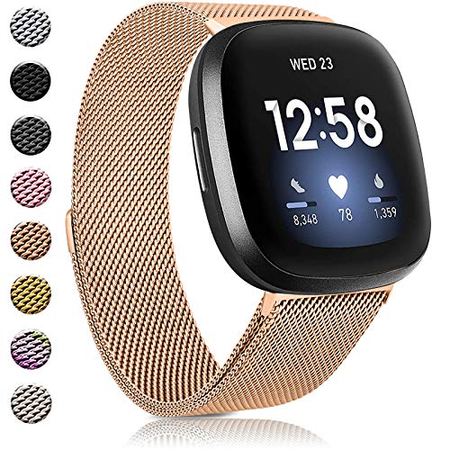 Amzpas Armbänder kompatibel mit Fitbit Versa 3 Fitbit Sense, atmungsaktives Edelstahl-Mesh-Armband, magnetisch, verstellbar, für Damen und Herren, Roségold, Größe L von Amzpas