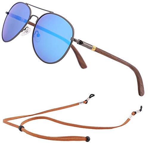 An Swallow Piloten Sonnenbrille Holz Herren Damen Polarisiert Verspiegelt, Bambus Holz Brille Polarisierte Gläser UV Schutz (Blaue Linse) von An Swallow