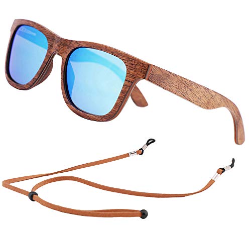 An Swallow Holz Sonnenbrille Herren Damen Polarisiert Verspiegelt, Bambus Holz Brille Polarisierte Gläser UV400 Schutz (Blaue Linse) von An Swallow