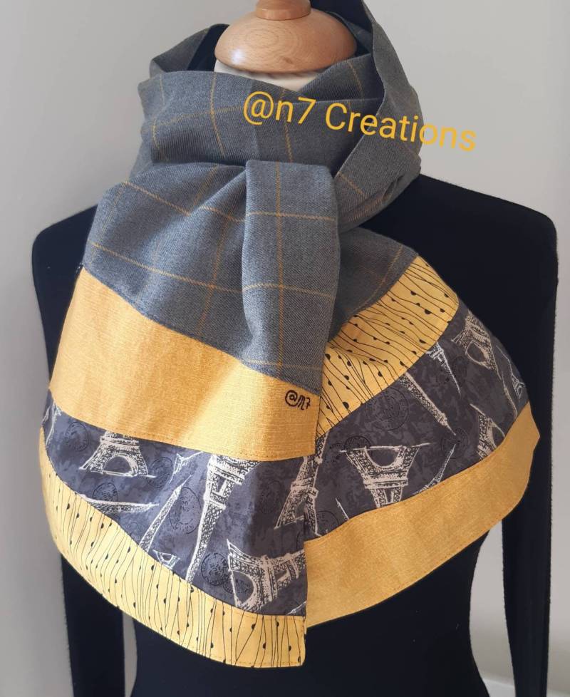 Schal Aus Kariertem Stoff Mit Grauen Enden "Eiffelturm" Und Gelb von An7creations7