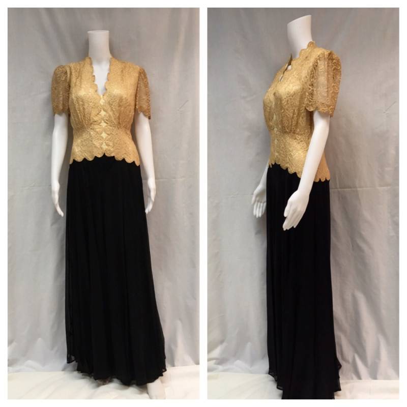 1930Er - 1940Er Jahre Antike Ecru Spitze, Schwarzes Chiffon Abendkleid, Große Größe von AnAntiqueLife