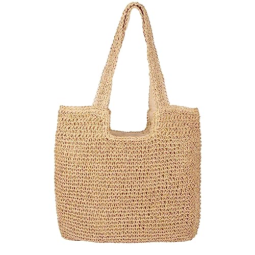 AnChang Stroh Strandtasche Frauen Umhängetasche Handgemachte Strohtasche Damen Gewebte Tasche Faltbare Strandtasche Große Kapazität Tote Bag mit Reißverschluss Sommer Handtasche (Beige) von AnChang