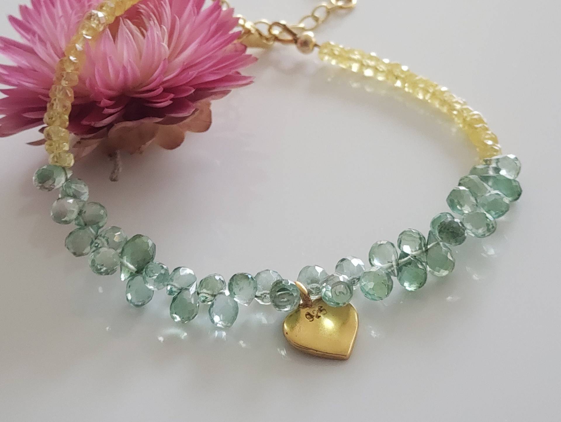 Gelber Saphir Armband, Gold Vermeil Armband Mit Grünquarz Facettierten Tropfen, Edelstein Schmuck Gelber Saphir Armband, Gold Vermeil Armband Mit Grünquarz Facettierten Tropfen, Edelstein Schmuck von AnGjewelryShop