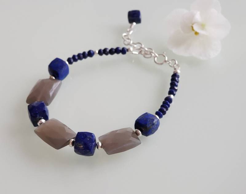 Lapis Lazuli Armband, Mondstein Und Lazuli, 925 Sterling Silber Federringverschluss Zubehör von AnGjewelryShop