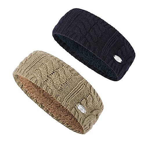 AnJuHoPa Strick Stirnband Damen Winter warm Earmuffs Cable Knitted Headband Gestrickter Ohrwärmer Häkeln Haarrife Gefüttert mit weichem Fleece Innenfutter ((Thick) Navy and Khaki) von AnJuHoPa