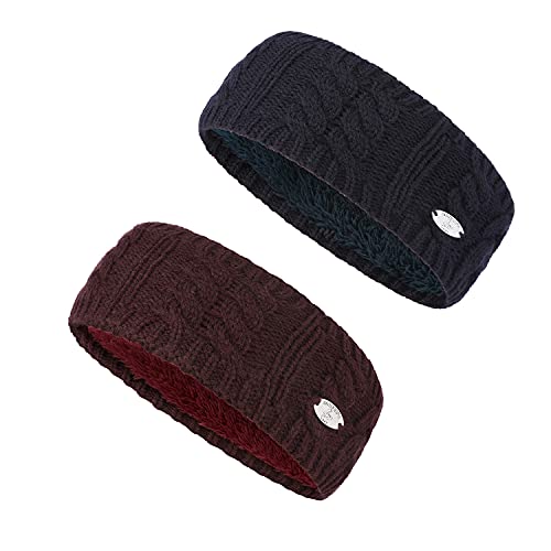 AnJuHoPa Strick Stirnband Damen Winter warm Earmuffs Cable Knitted Headband Gestrickter Ohrwärmer Häkeln Haarrife Gefüttert mit weichem Fleece Innenfutter ((Thick) Navy and Winered) von AnJuHoPa