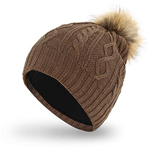 AnJuHoPa Strickmütze Wollmütze mit Kunstpelz Pompom elastischem Baumwollfutter für Mächen und Damen Braun von AnJuHoPa