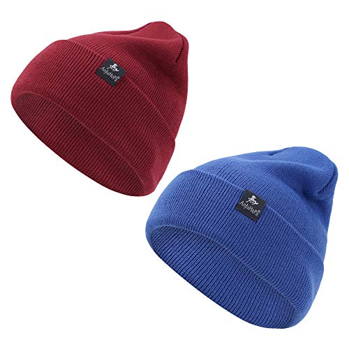 AnJuHoPa Unifarbene Beanie doppelt gestrickt Mütze hautfreundlich weich elastische Stricke Hüte Unisex hat2pcsWinered-jeansblue von AnJuHoPa