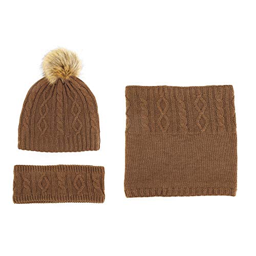 AnJuHoPa Wollstrickset Kopf-Hals Warmer in 3 Teilen Mütze Stirnband und Halswärmer Feinstrick elastisches Baumwollfutter AW2020 Braun von AnJuHoPa
