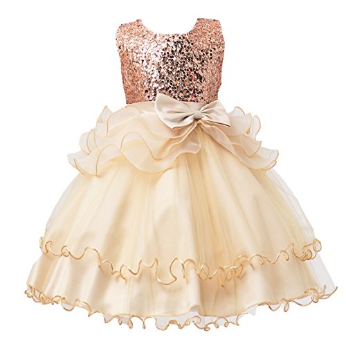 AnKoee Kinder Kleider Maedchen Prinzessin Kleid Hochzeits Festzug Kleid Blumenmaedchenkleid Prinzessin Kleid Blumenmädchenkleid (Champagner, 120cm/5-6 Jahre) von AnKoee