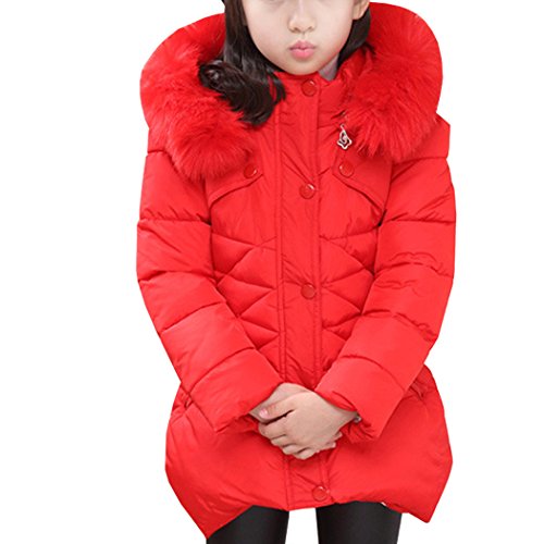 AnKoee Kinder Mädchen Lange Winterjacke Fellkapuze Outerwear Oberbekleidung Winter Kleidung Verdichte Kinderjacke Wintermantel Mantel (Rot, 120cm/3-4 Jahre) von AnKoee